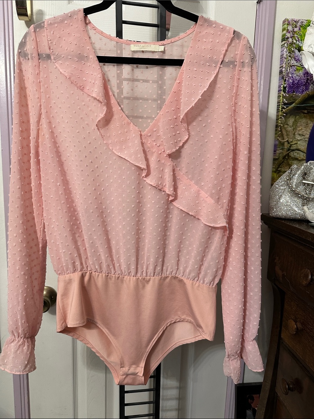 Sheer Pink Ruffle Swiss Dot Bodysuit